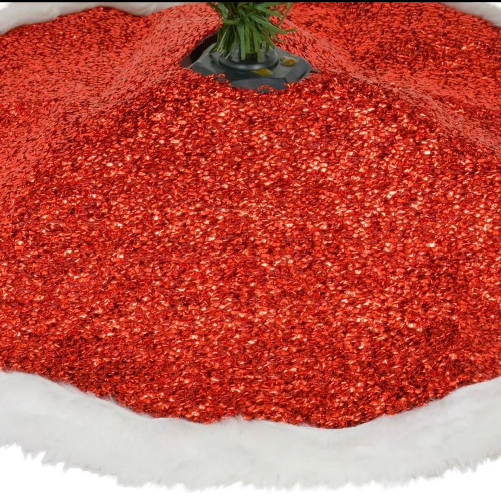Christmas House 18" Red Tinsel Tree Skirt With White Faux Fur Trim
